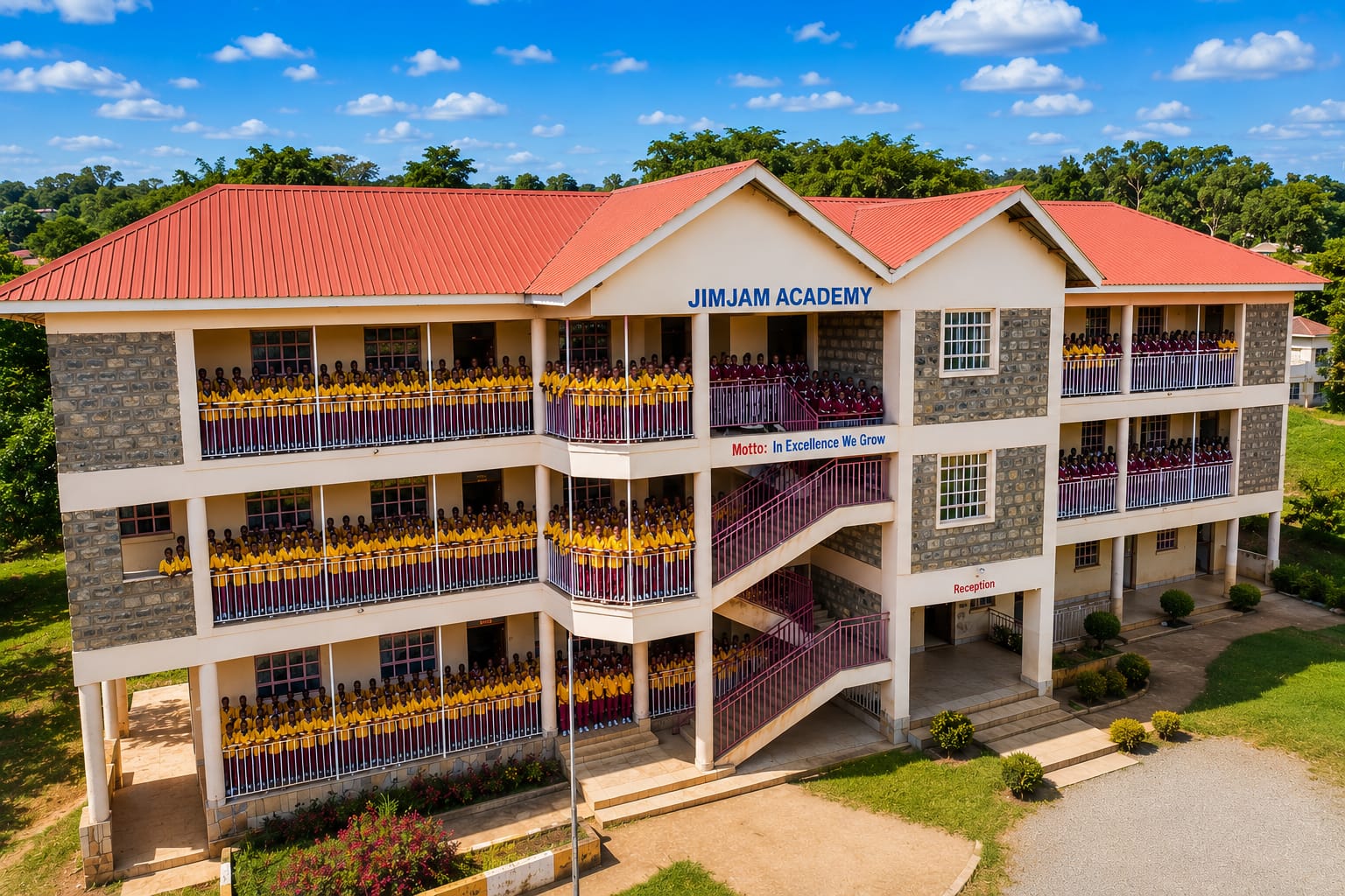 JimJam Academy administration block with students